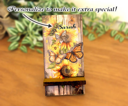 Personalized Sunflower & Butterfly Wooden Phone Stand – Rustic Cell Phone Holder with Charging Access – Cute Custom Gift