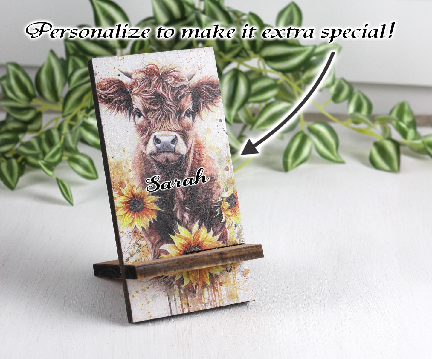 Personalized Highland Cow and Sunflowers cell phone stand, Rustic Wooden Phone Holder, Cute Decorative Custom Gift, Charging Cable Access
