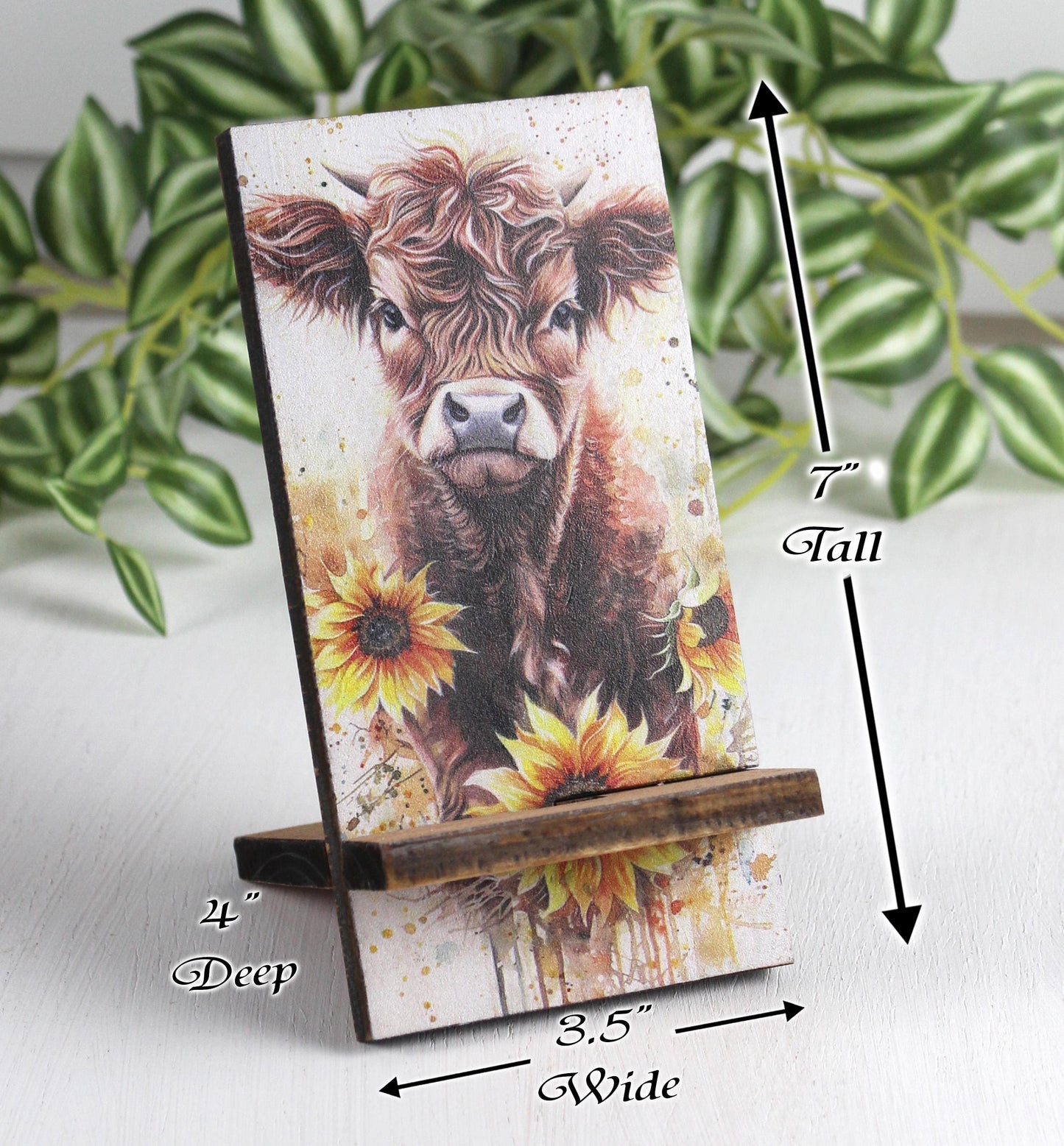 Personalized Highland Cow and Sunflowers cell phone stand, Rustic Wooden Phone Holder, Cute Decorative Custom Gift, Charging Cable Access