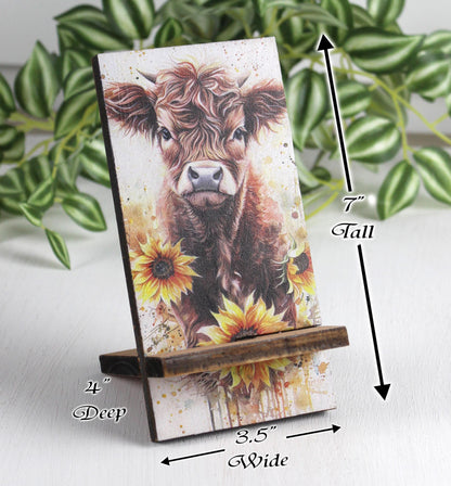 Personalized Highland Cow and Sunflowers cell phone stand, Rustic Wooden Phone Holder, Cute Decorative Custom Gift, Charging Cable Access