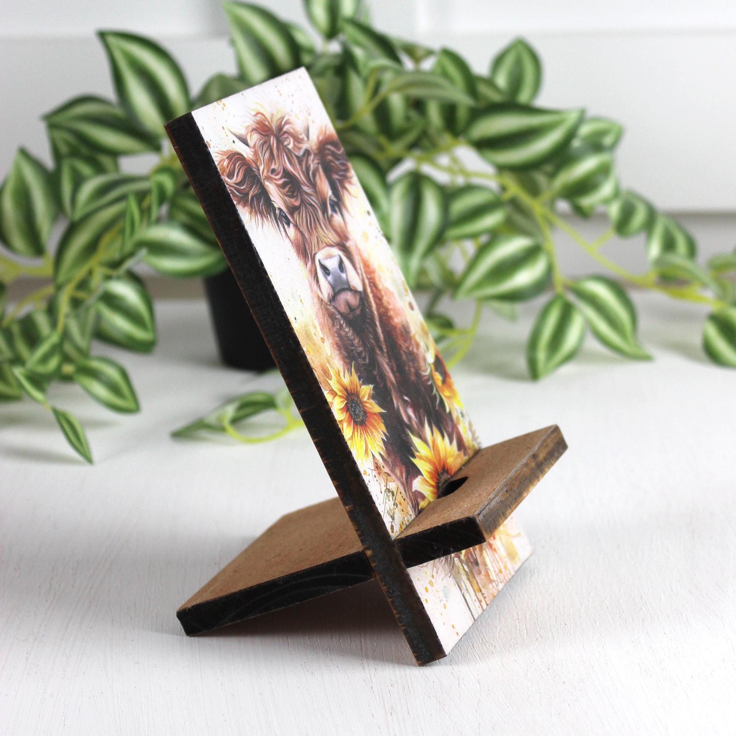 Personalized Highland Cow and Sunflowers cell phone stand, Rustic Wooden Phone Holder, Cute Decorative Custom Gift, Charging Cable Access
