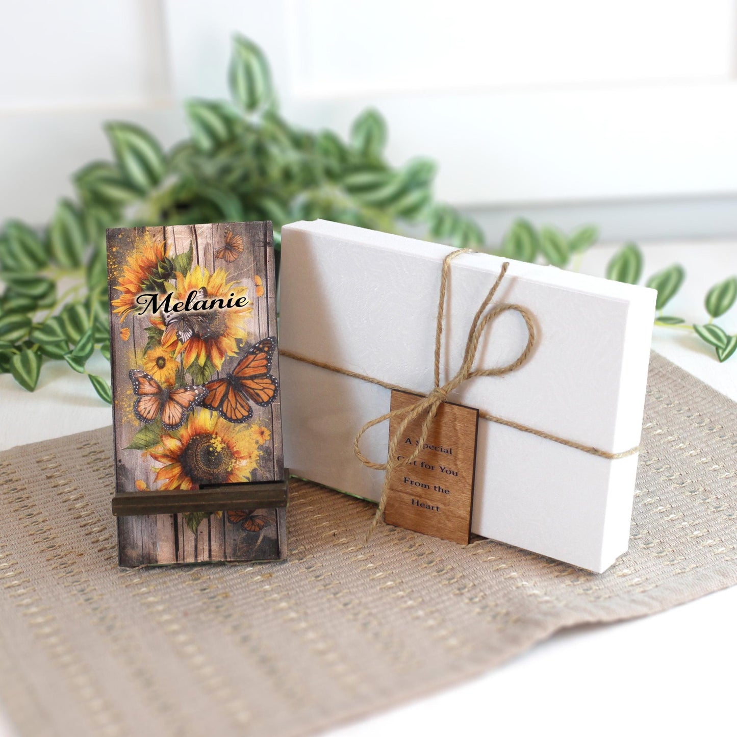 Personalized Sunflower and Butterfly cell phone stand, Rustic Wooden Phone Holder, Cute Decorative Custom Gift, Charging Cable Access