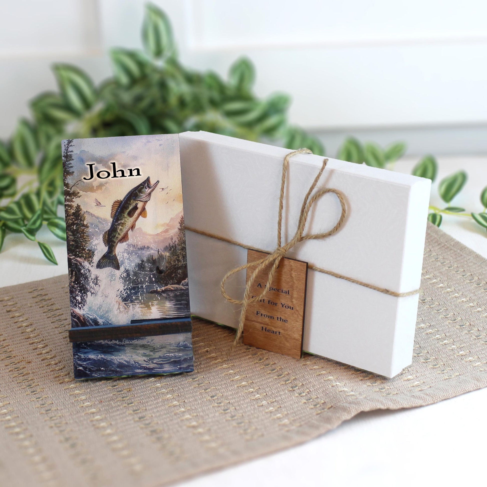 Personalized Bass Fishing cell phone stand, Rustic Wooden Phone Holder, Cute Decorative Custom Gift, Charging Cable Access, Home Decor
