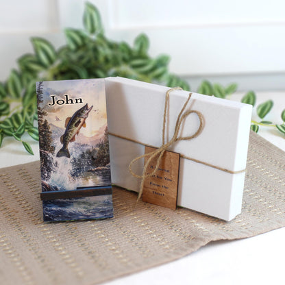 Personalized Bass Fishing cell phone stand, Rustic Wooden Phone Holder, Cute Decorative Custom Gift, Charging Cable Access, Home Decor