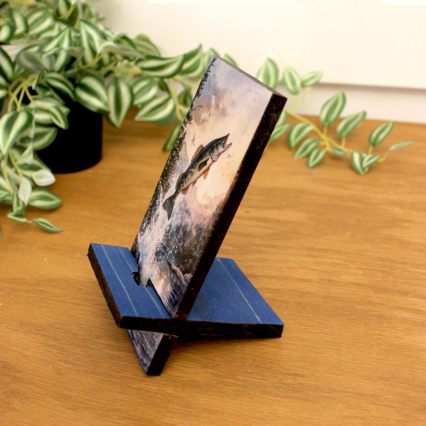 Personalized Bass Fishing cell phone stand, Rustic Wooden Phone Holder, Cute Decorative Custom Gift, Charging Cable Access, Home Decor