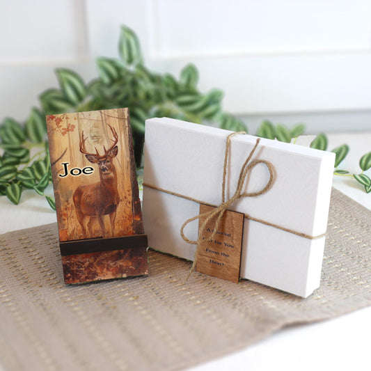 Personalized Fall Whited Deer phone stand, Farmhouse Wooden Phone Holder, Cute Decorative Custom Gift, Charging Cable Access, Deer Lover