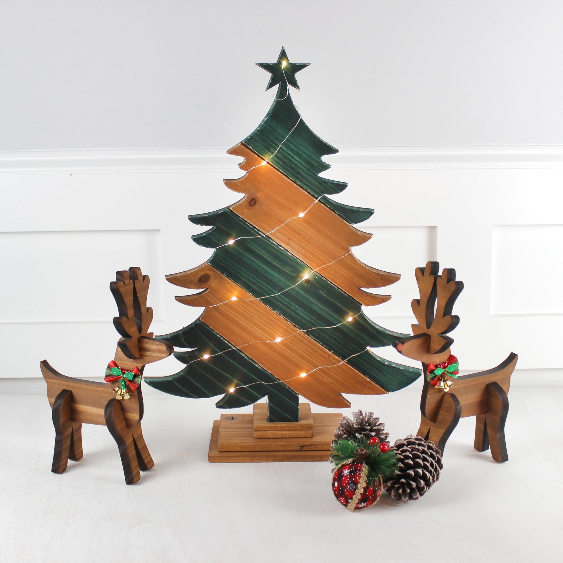 Rustic Green And Brown Wood Christmas Tree With Fairy Lights, Farmhouse Personalized Tabletop Decor, Fireplace Mantel Decoration