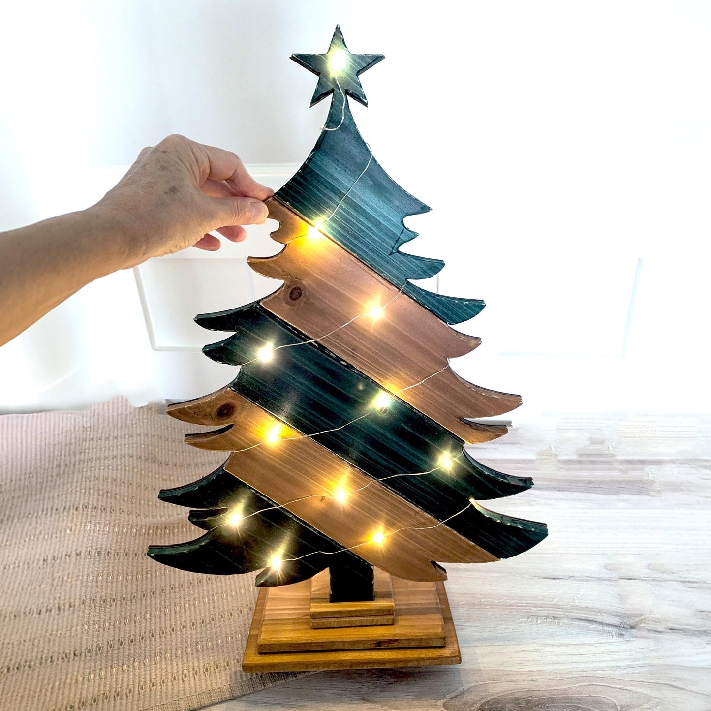 Rustic Green And Brown Wood Christmas Tree With Fairy Lights, Farmhouse Personalized Tabletop Decor, Fireplace Mantel Decoration