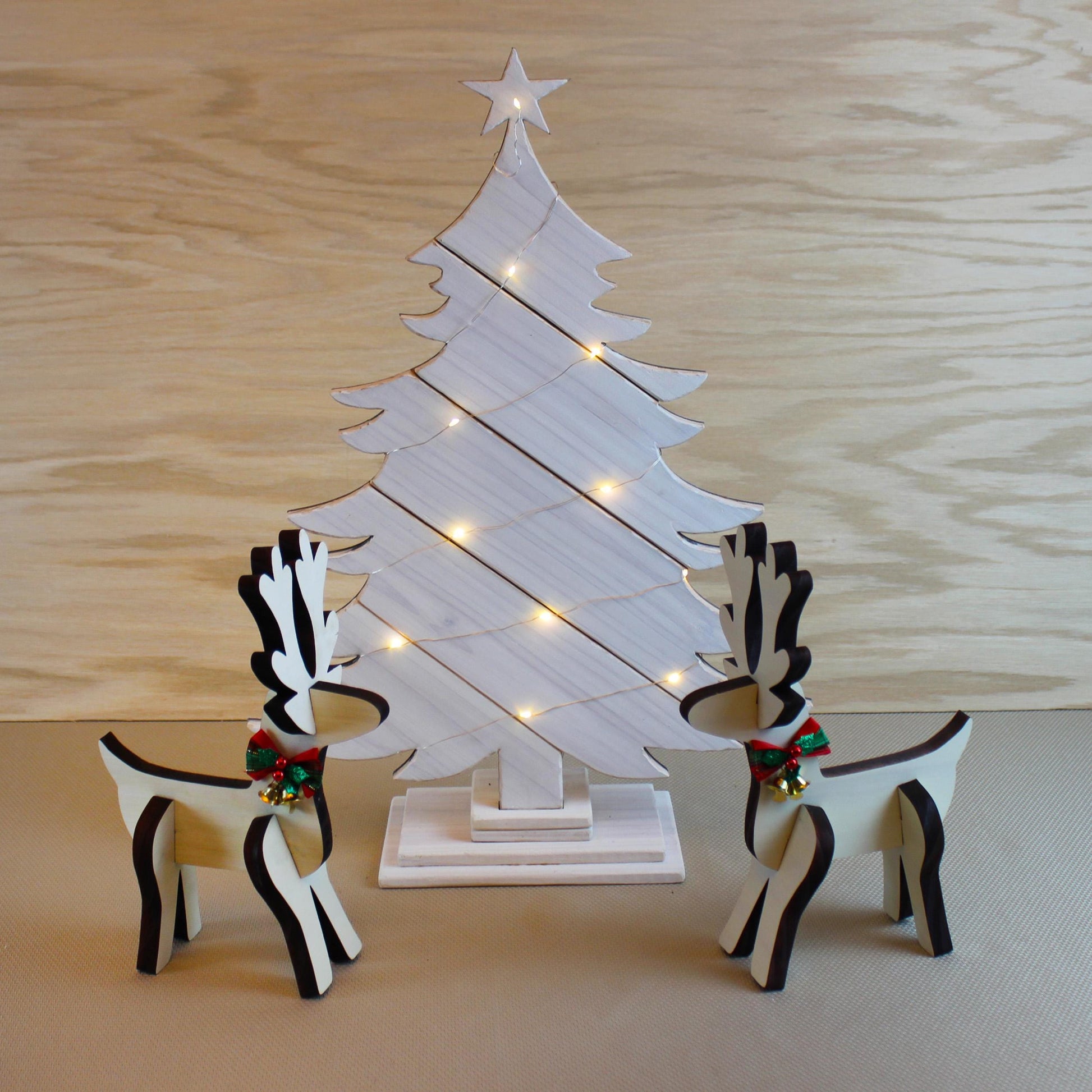 Rustic White Wood Christmas Tree With Fairy Lights, Farmhouse Personalized Tabletop Decor, Fireplace Mantel Decoration