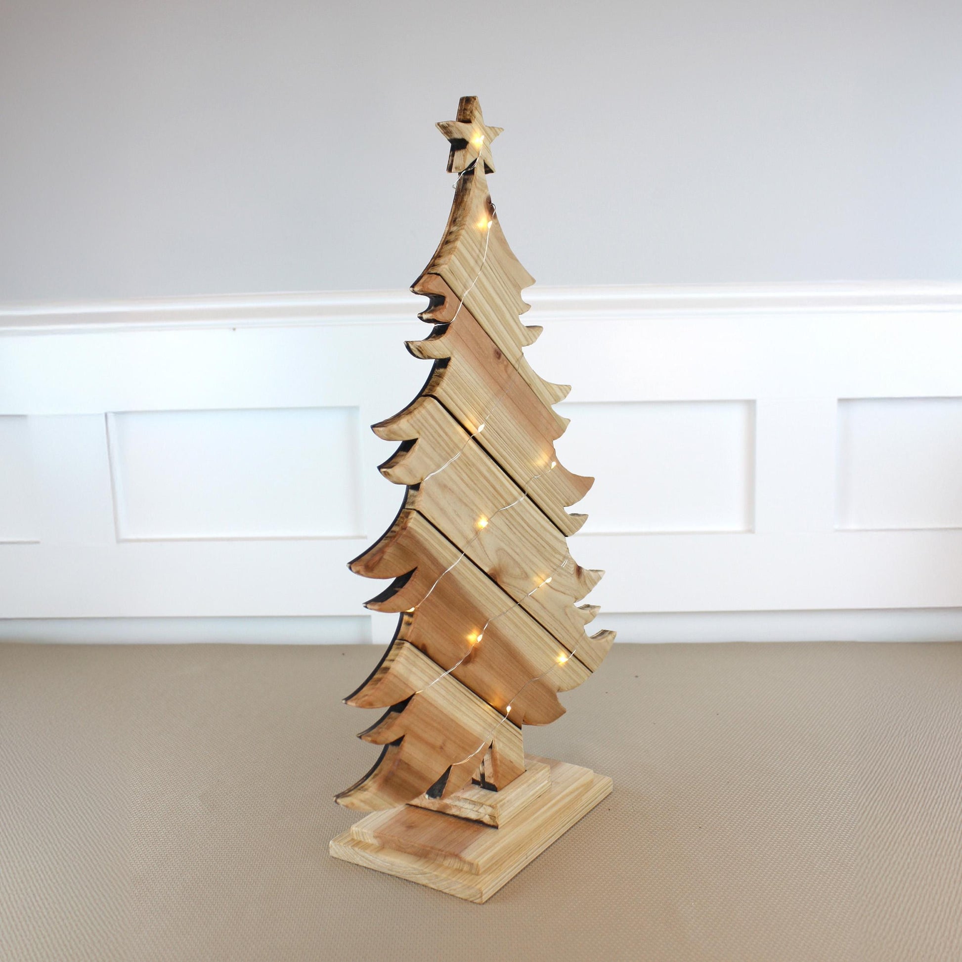 Rustic Natural Wood Christmas Tree With Fairy Lights, Farmhouse Personalized Tabletop Decor, Fireplace Mantel Decoration
