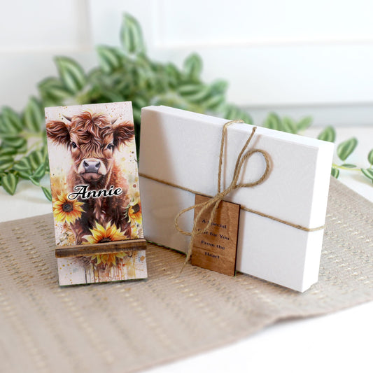 Personalized Highland Cow and Sunflowers cell phone stand, Rustic Wooden Phone Holder, Cute Decorative Custom Gift, Charging Cable Access