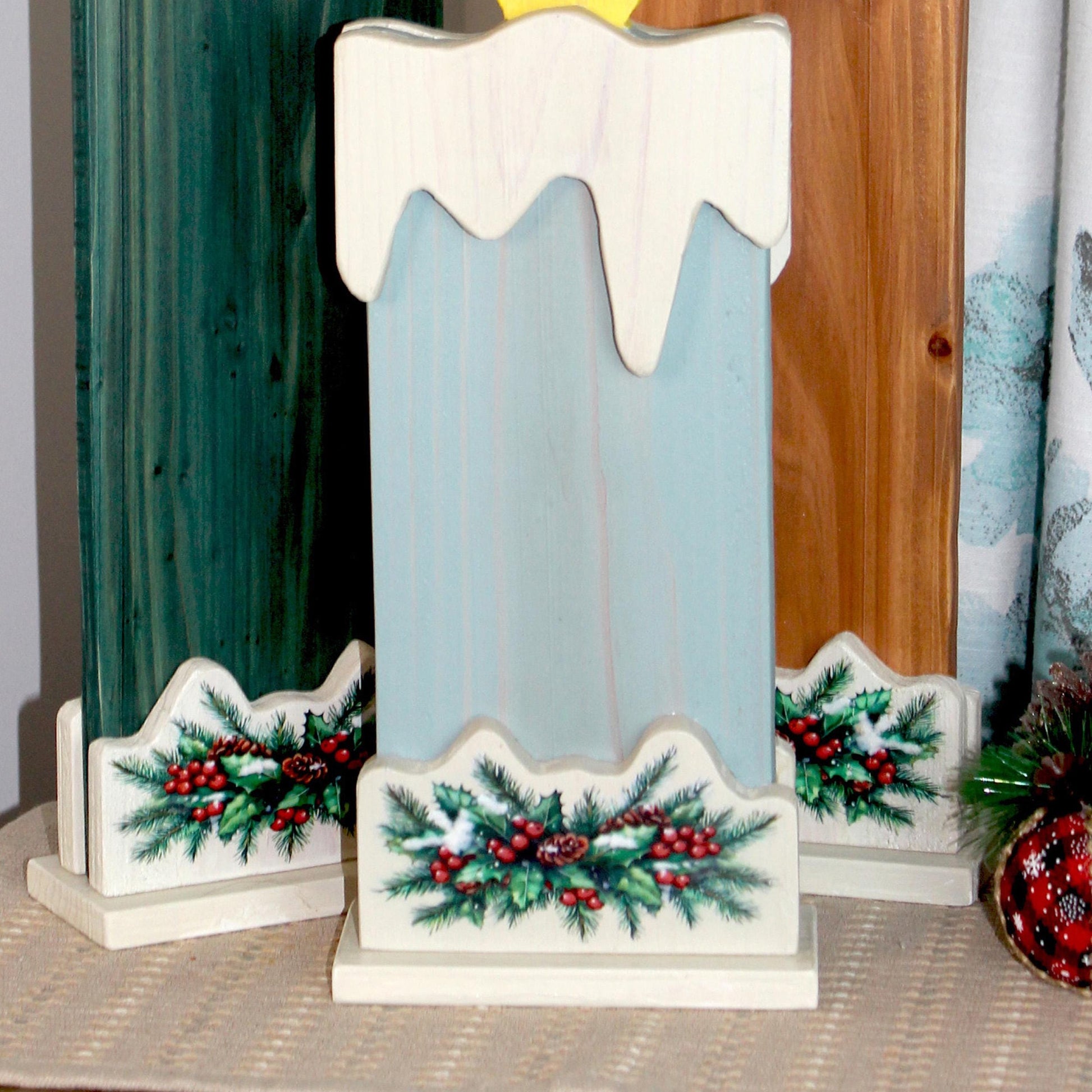 Set Of 3 Rustic Cedar Wood Christmas Candles, Modern Farmhouse Personalized Gift, Fireplace Mantel Decor, Front Porch Decoration