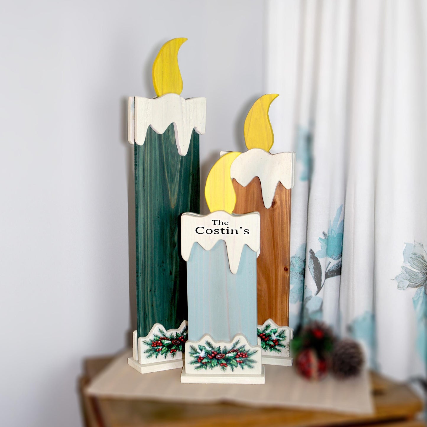 Set Of 3 Rustic Cedar Wood Christmas Candles, Modern Farmhouse Personalized Gift, Fireplace Mantel Decor, Front Porch Decoration