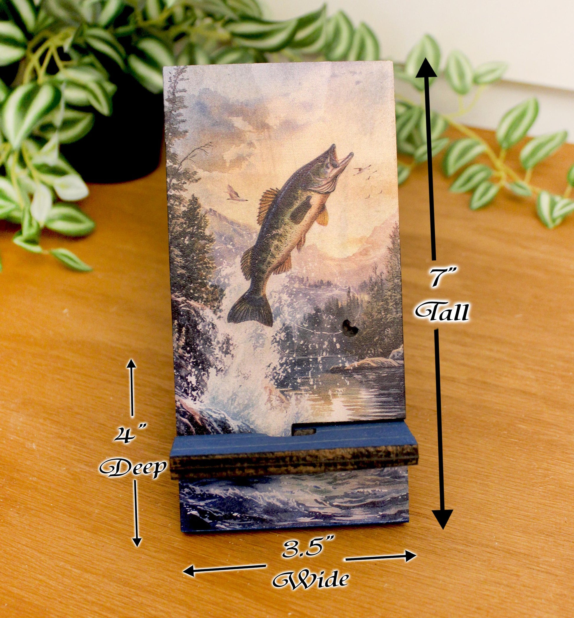 Personalized Bass Fishing cell phone stand, Rustic Wooden Phone Holder, Cute Decorative Custom Gift, Charging Cable Access, Home Decor