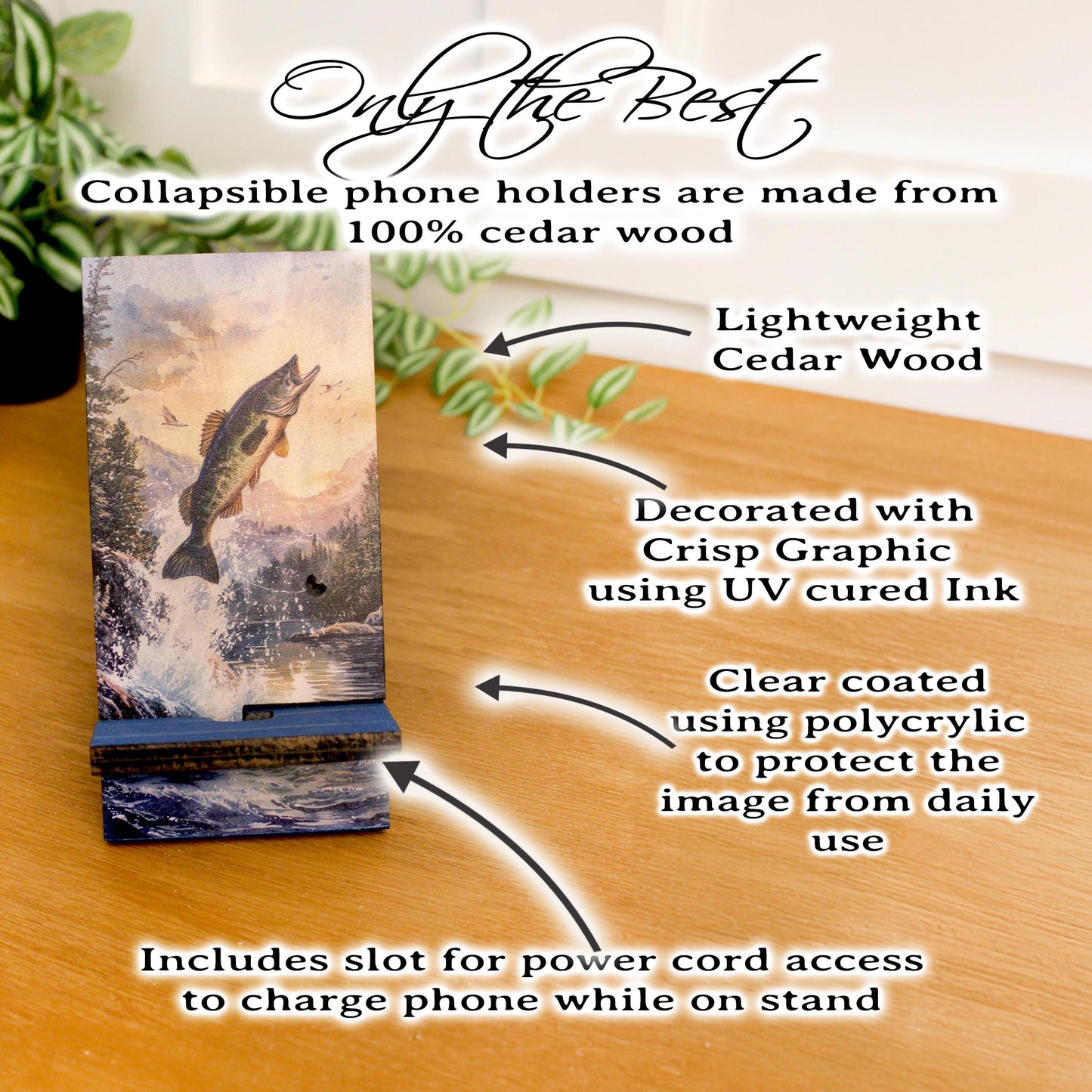 Personalized Bass Fishing cell phone stand, Rustic Wooden Phone Holder, Cute Decorative Custom Gift, Charging Cable Access, Home Decor