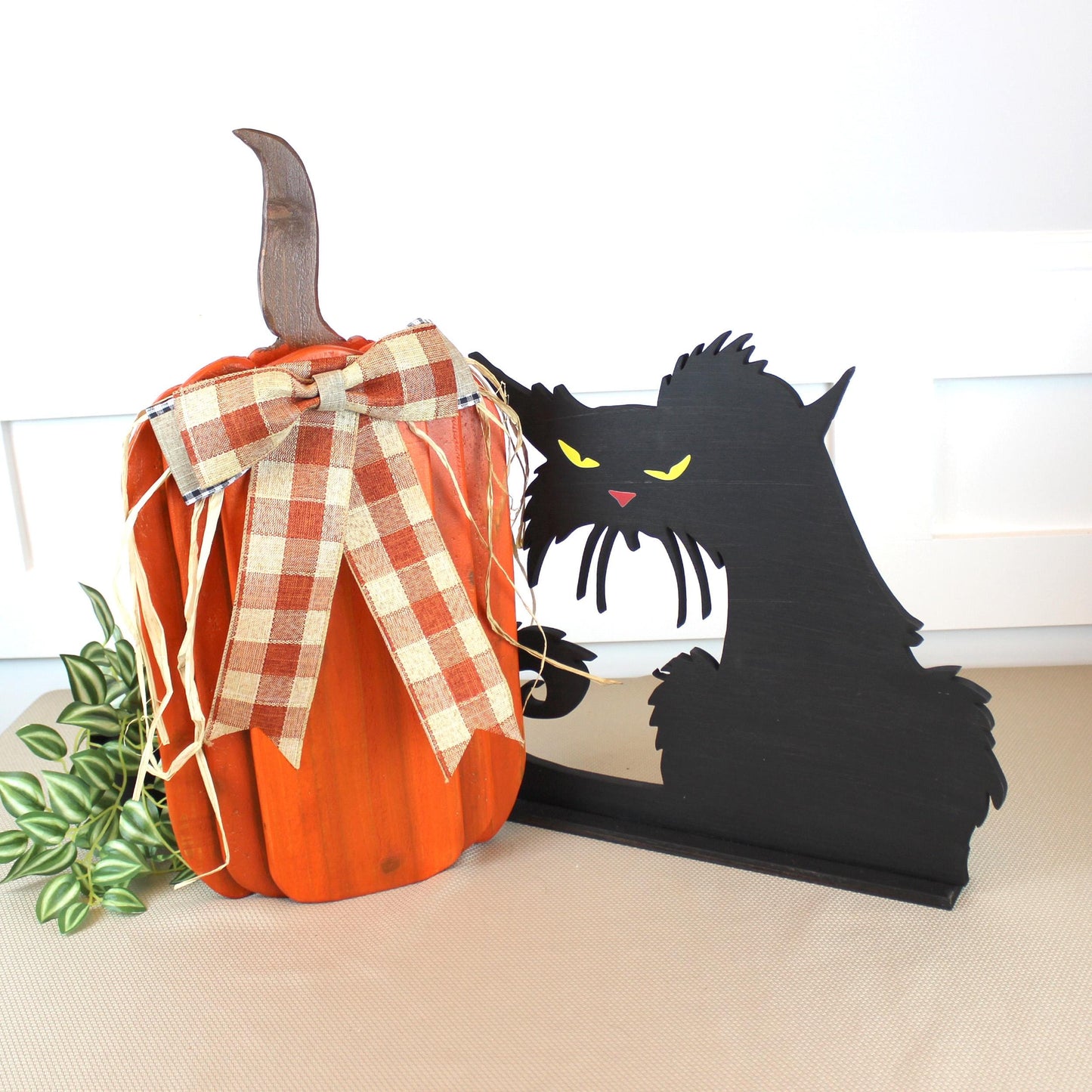 Handcrafted Wooden Pumpkin & Black Cat – Rustic Farmhouse Fall Decor – Halloween or Thanksgiving Fireplace Accent