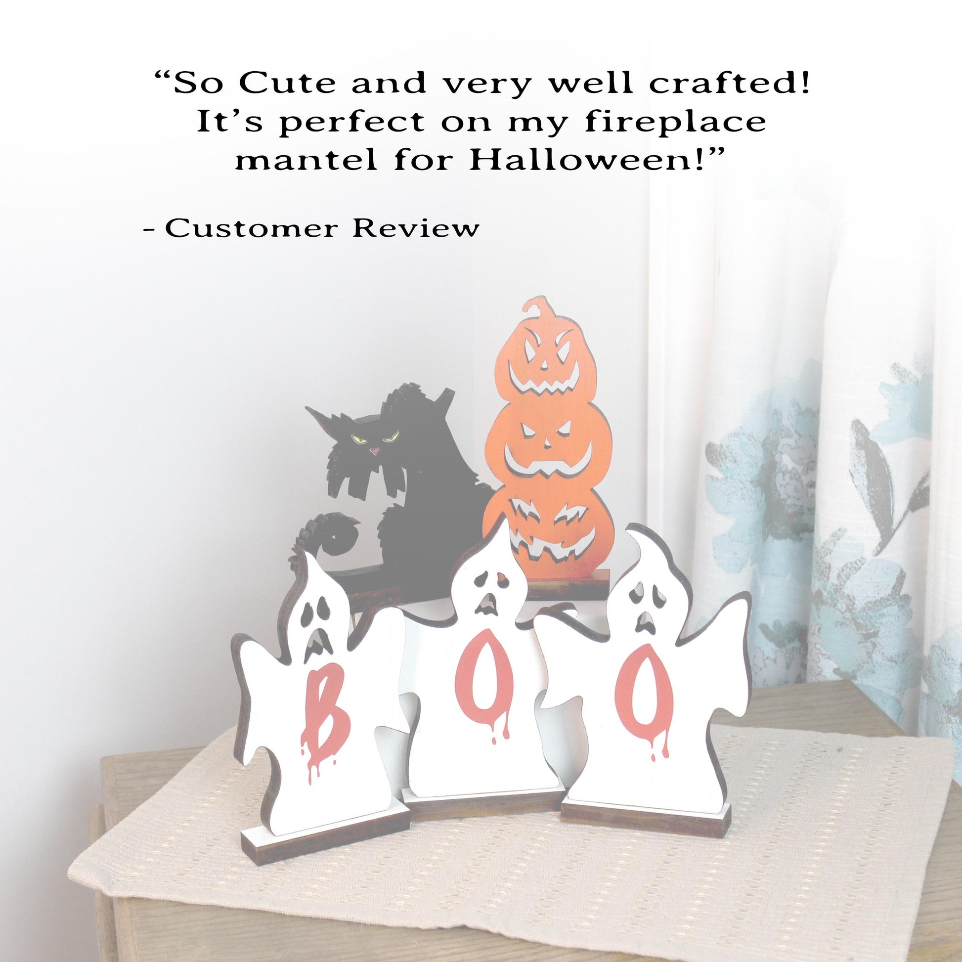 Handcrafted Rustic Wooden Pumpkins Ghosts and Black Cat, Decorative Halloween Fireplace Mantle Gift, Tabletop and Shelf Decoration