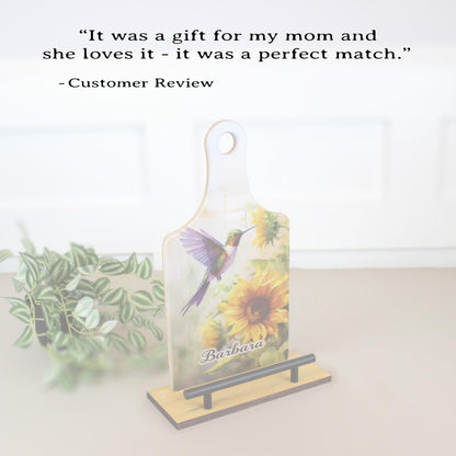 Sunflowers And Purple Hummingbird Cookbook Stand, Wooden Kitchen Recipe Holder, Personalized Ipad And Tablet Stand, Custom Gift For Cooks