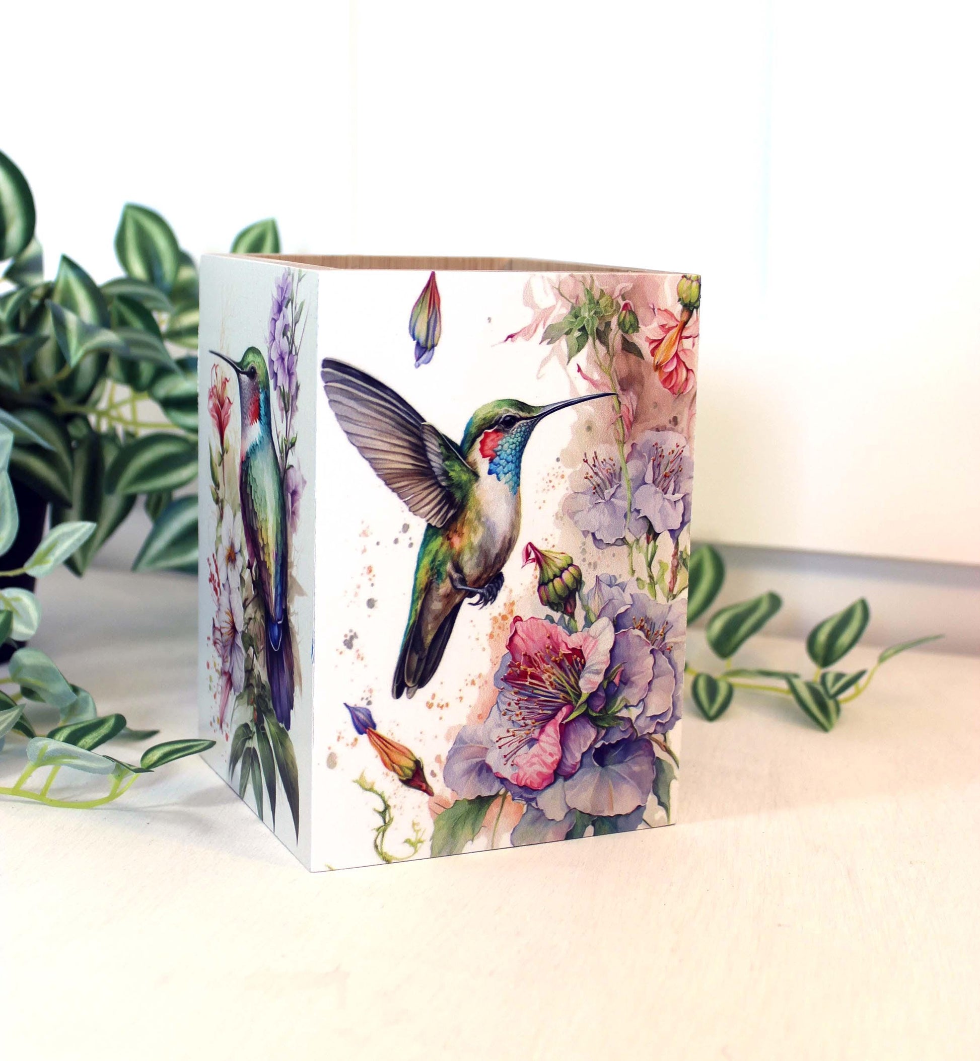Hummingbirds Utensil Holder, Eco-Friendly Bamboo Wood, Beautiful Hummingbird Art Decorating 4 Sides in UV Ink & Protected with Polycrylic
