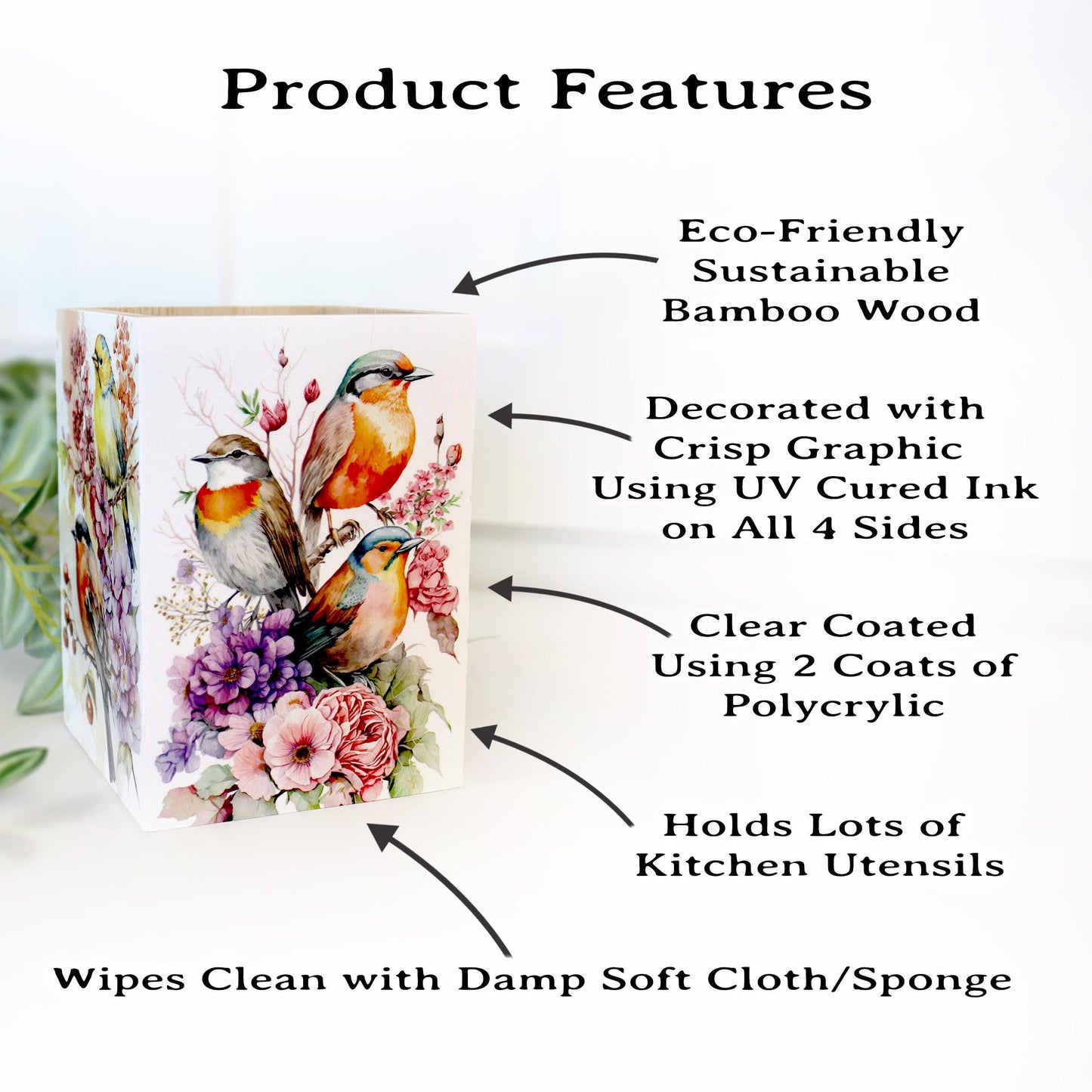 Unique Gifts for Birders, Beautiful Unique Utensil Holder, Bird Lovers Gift with Beautiful Spring Birds Art Decorating all 4 Sides in UV Ink