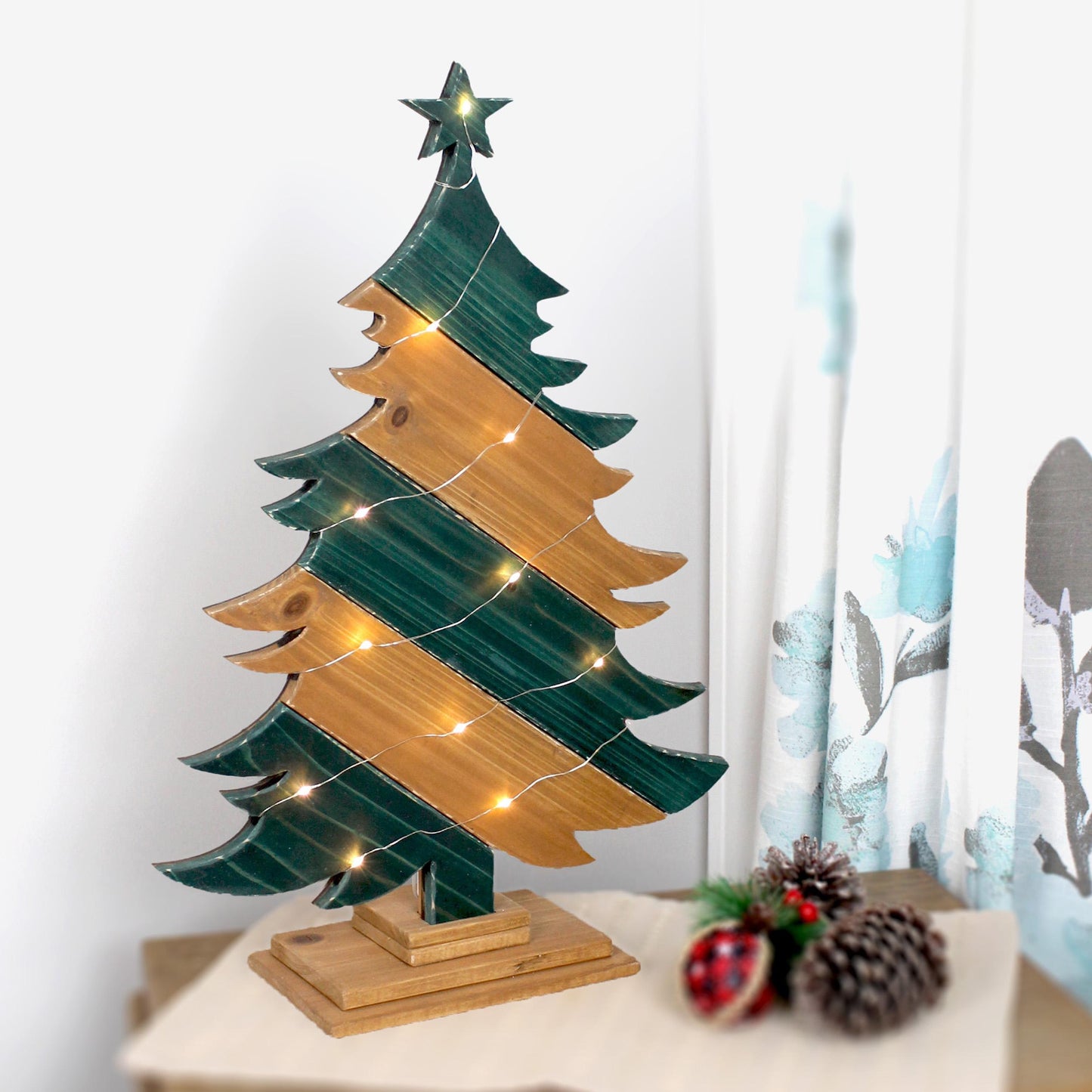 Rustic Green And Brown Wood Christmas Tree With Fairy Lights, Farmhouse Personalized Tabletop Decor, Fireplace Mantel Decoration