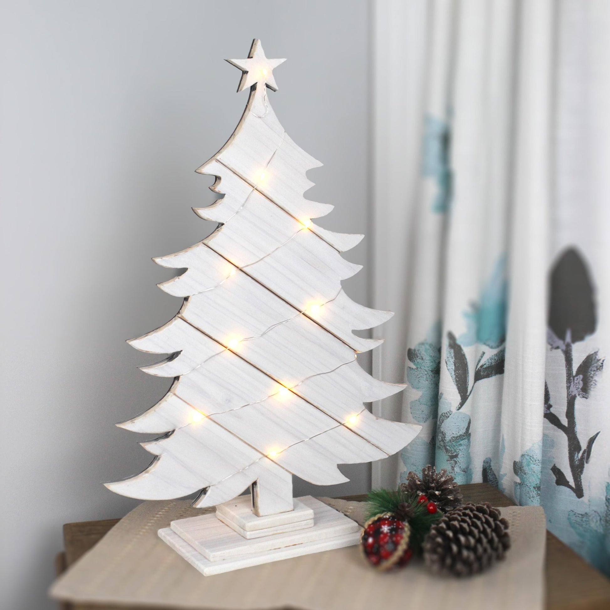 Rustic White Wood Christmas Tree With Fairy Lights, Farmhouse Personalized Tabletop Decor, Fireplace Mantel Decoration