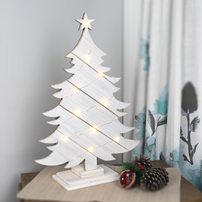 Rustic White Wood Christmas Tree With Fairy Lights, Farmhouse Personalized Tabletop Decor, Fireplace Mantel Decoration