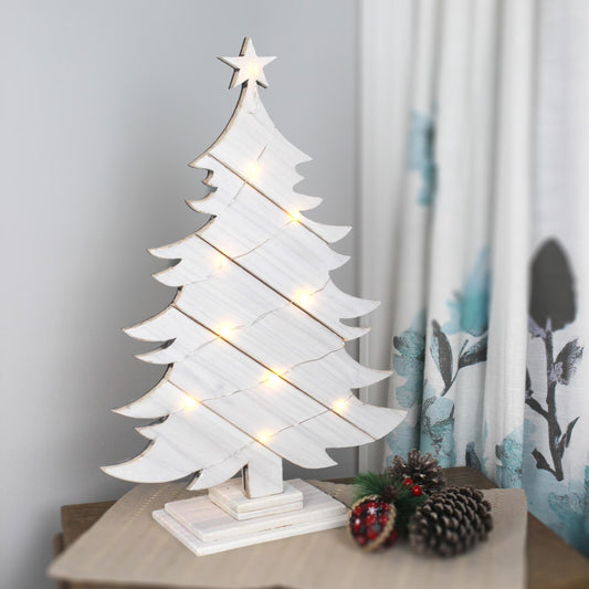 Rustic White Wooden Christmas Tree – Personalized Farmhouse Tabletop Decor with Optional Fairy Lights & Reindeer