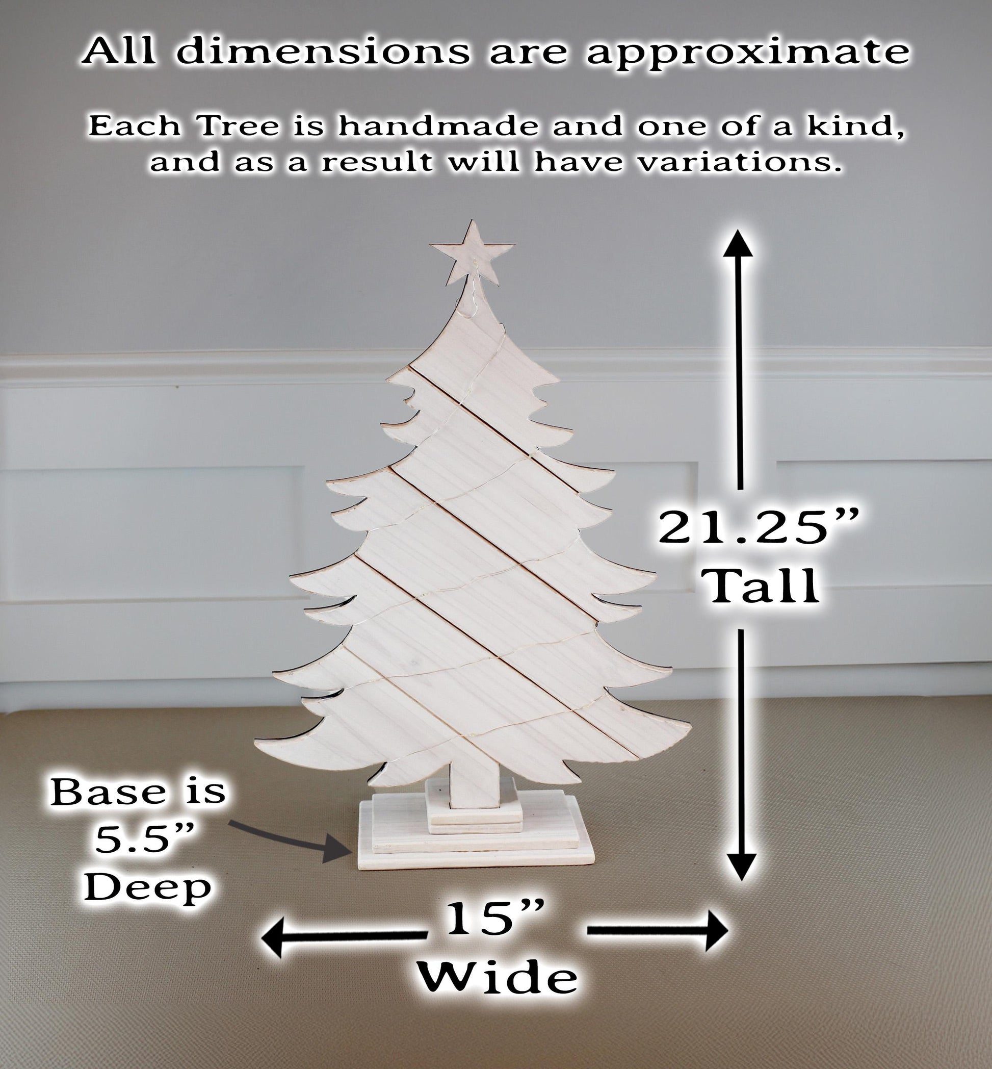 Rustic White Wood Christmas Tree With Fairy Lights, Farmhouse Personalized Tabletop Decor, Fireplace Mantel Decoration