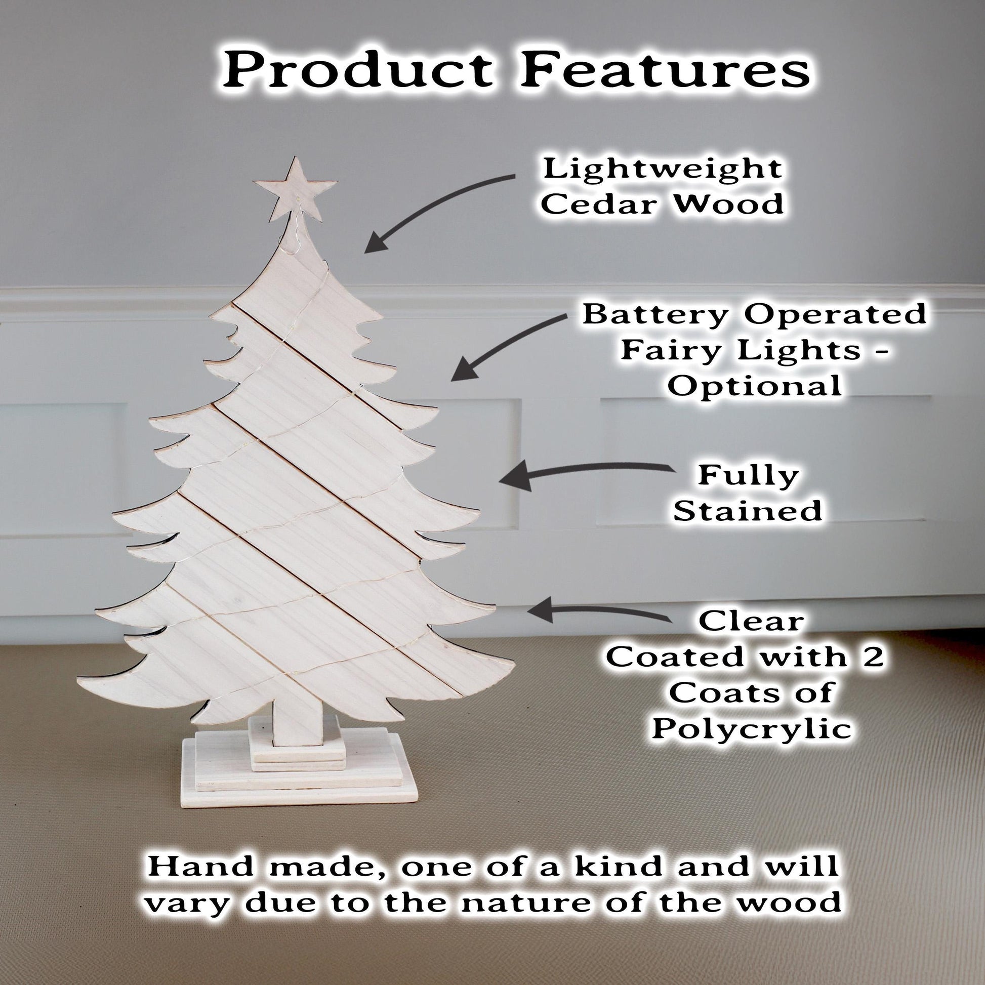 Rustic White Wood Christmas Tree With Fairy Lights, Farmhouse Personalized Tabletop Decor, Fireplace Mantel Decoration