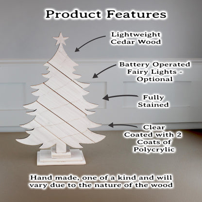 Rustic White Wood Christmas Tree With Fairy Lights, Farmhouse Personalized Tabletop Decor, Fireplace Mantel Decoration