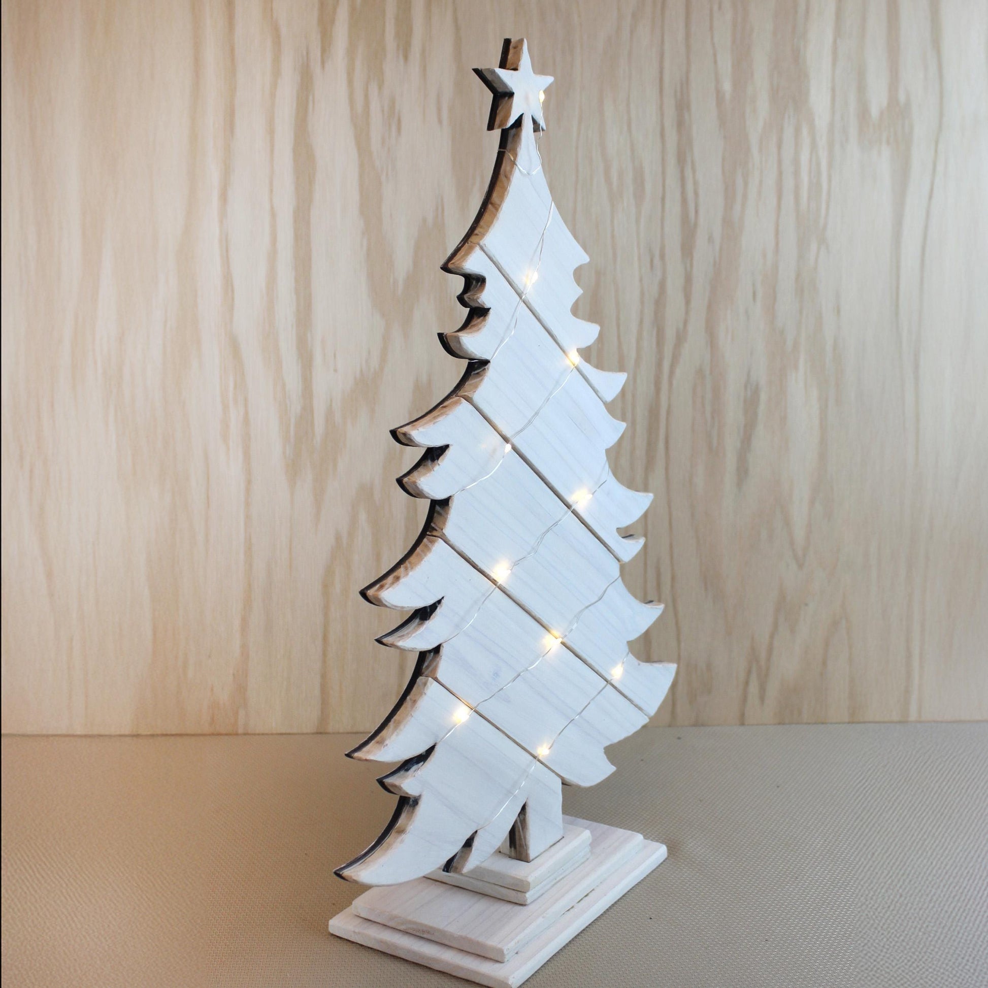 Rustic White Wood Christmas Tree With Fairy Lights, Farmhouse Personalized Tabletop Decor, Fireplace Mantel Decoration