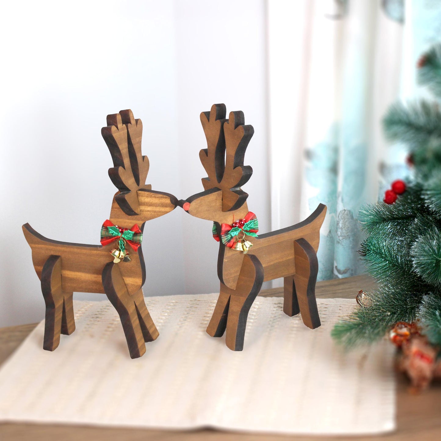 Rustic Wooden Reindeer Set – Handcrafted Farmhouse Christmas Shelf Decor – Rudolph & Friend