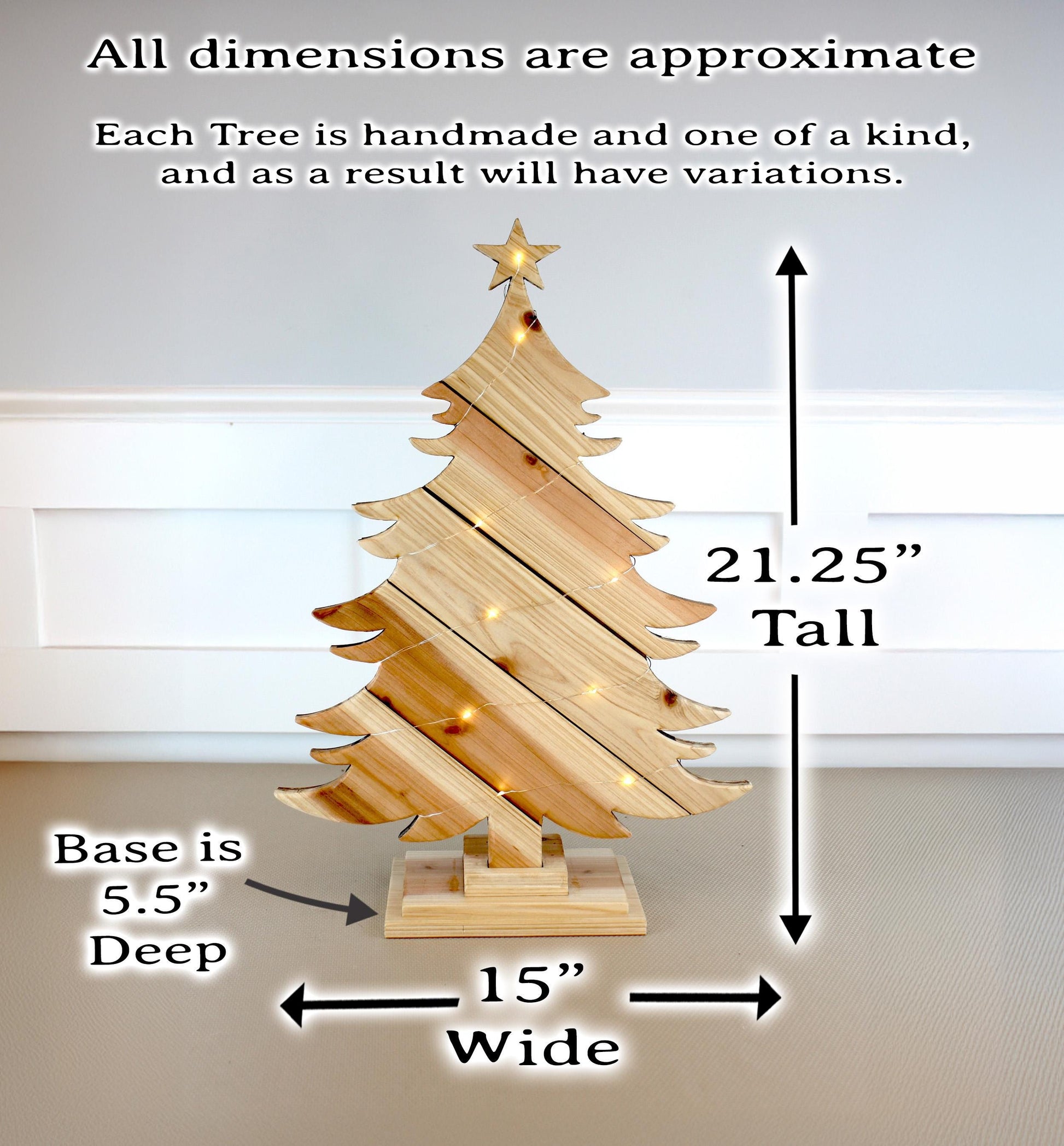 Rustic Natural Wood Christmas Tree With Fairy Lights, Farmhouse Personalized Tabletop Decor, Fireplace Mantel Decoration