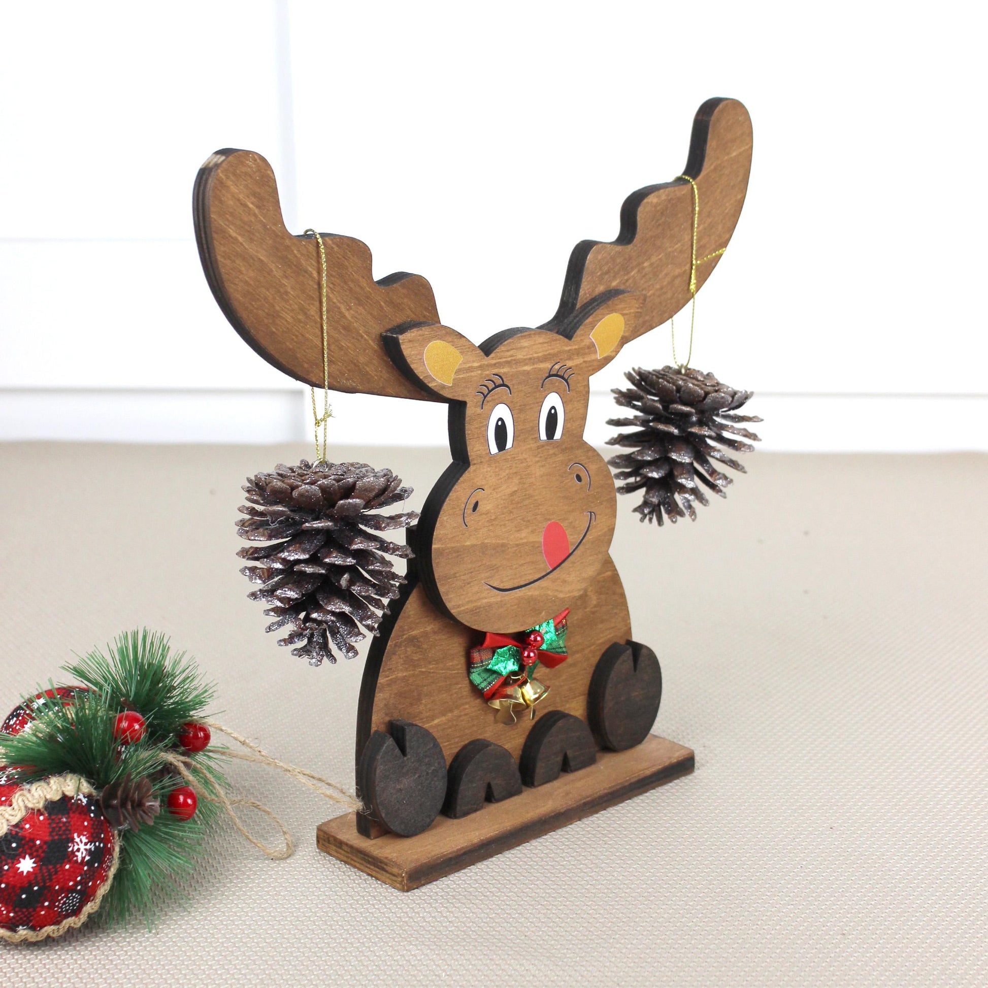 Rustic Wooden Moose, Modern Christmas Farmhouse Decor, Fireplace Mantel Decoration, Tabletop Centerpiece