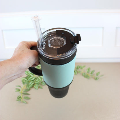 40 oz Engraved Floral Monogram Coffee Travel Mug, Personalized Leatherette Wrapped Tumbler, Custom Stainless Steel Mug With Handle & Straw