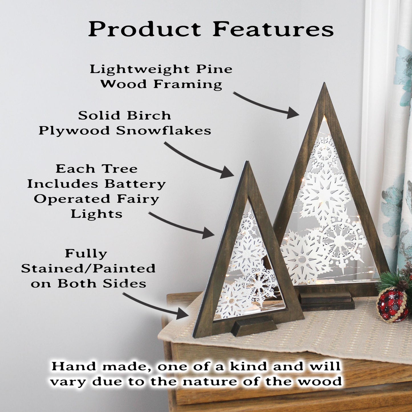 Modern Wooden Farmhouse Lighted Christmas Tree, Rustic Holiday Fireplace Mantel Decoration, Minimal Table top Centerpiece Decor, Shelf Decor
