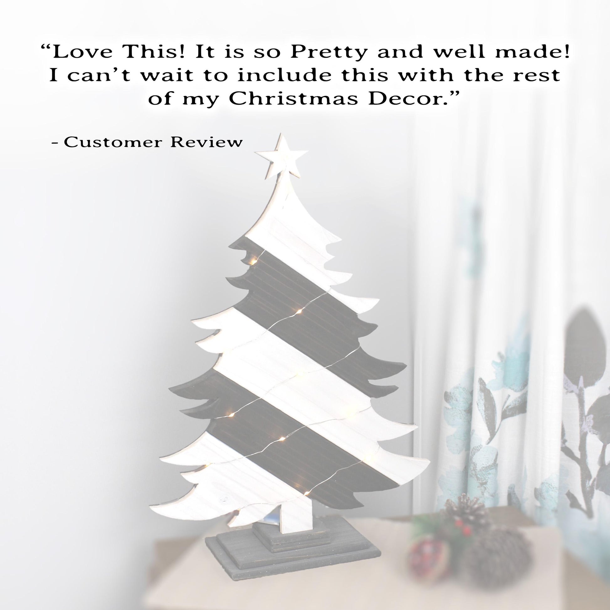Rustic Black And White Wood Christmas Tree With Fairy Lights, Farmhouse Personalized Tabletop Decor, Fireplace Mantel Decoration