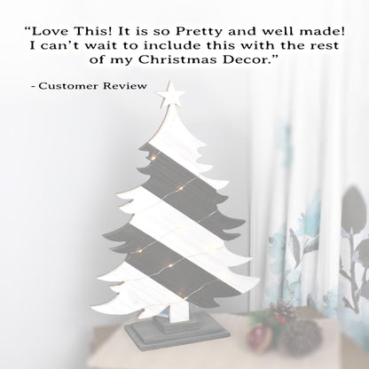 Rustic Black And White Wood Christmas Tree With Fairy Lights, Farmhouse Personalized Tabletop Decor, Fireplace Mantel Decoration