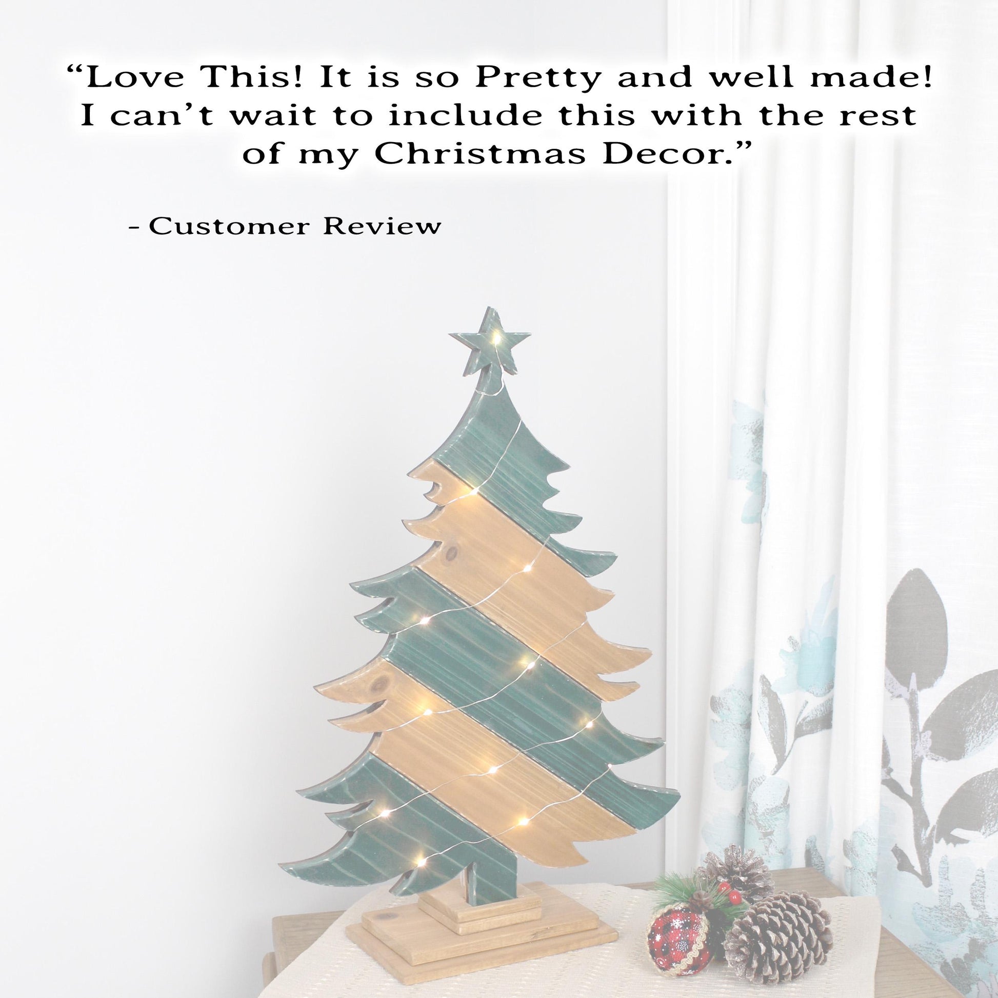 Rustic Green And Brown Wood Christmas Tree With Fairy Lights, Farmhouse Personalized Tabletop Decor, Fireplace Mantel Decoration