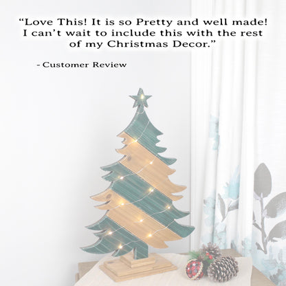 Rustic Green And Brown Wood Christmas Tree With Fairy Lights, Farmhouse Personalized Tabletop Decor, Fireplace Mantel Decoration