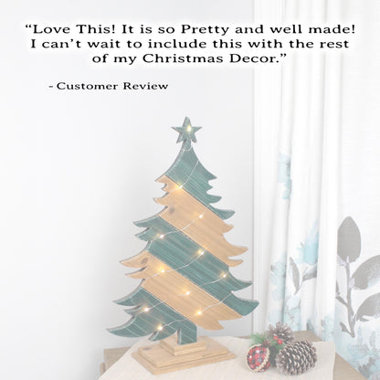 Rustic Green And Brown Wood Christmas Tree With Fairy Lights, Farmhouse Personalized Tabletop Decor, Fireplace Mantel Decoration