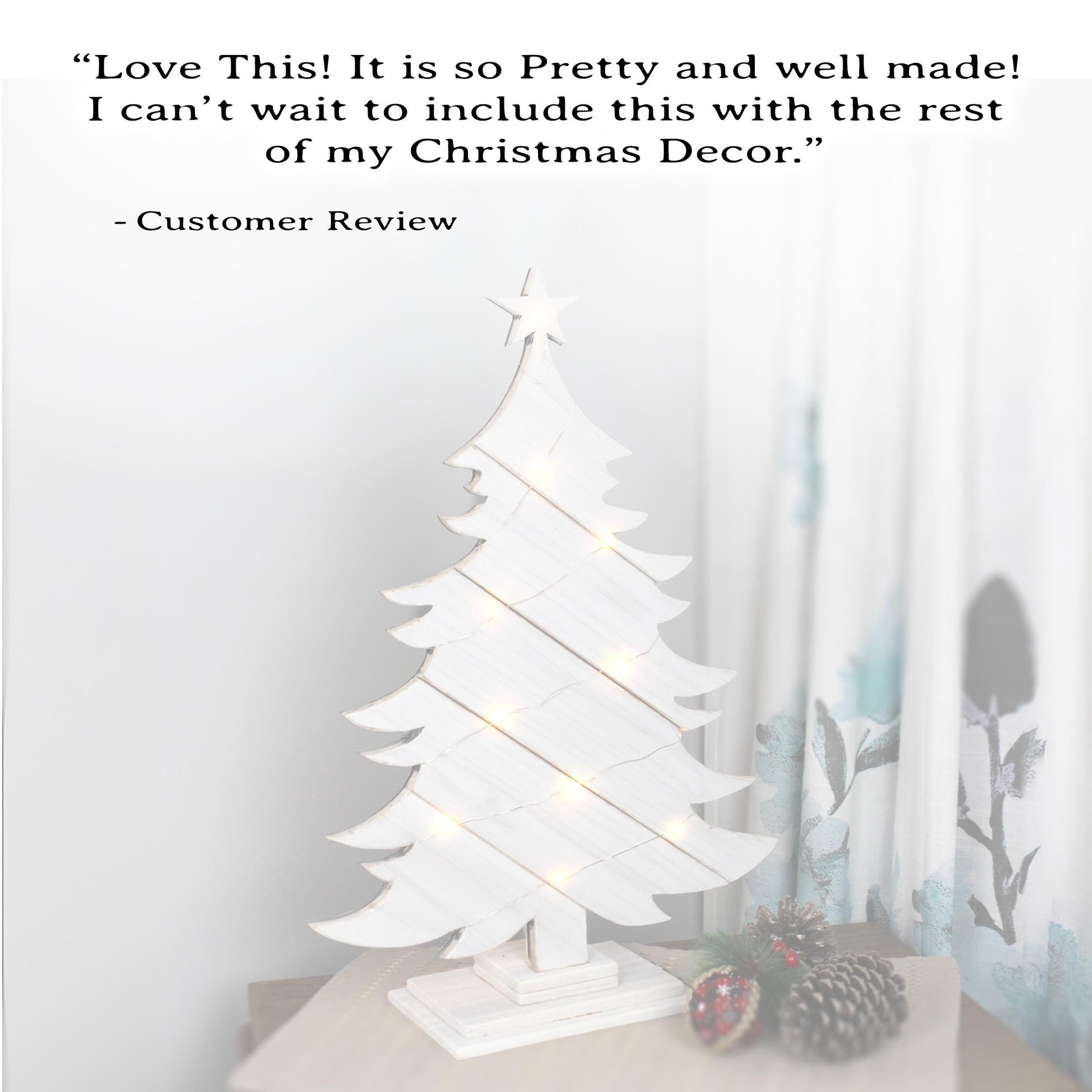Rustic White Wood Christmas Tree With Fairy Lights, Farmhouse Personalized Tabletop Decor, Fireplace Mantel Decoration