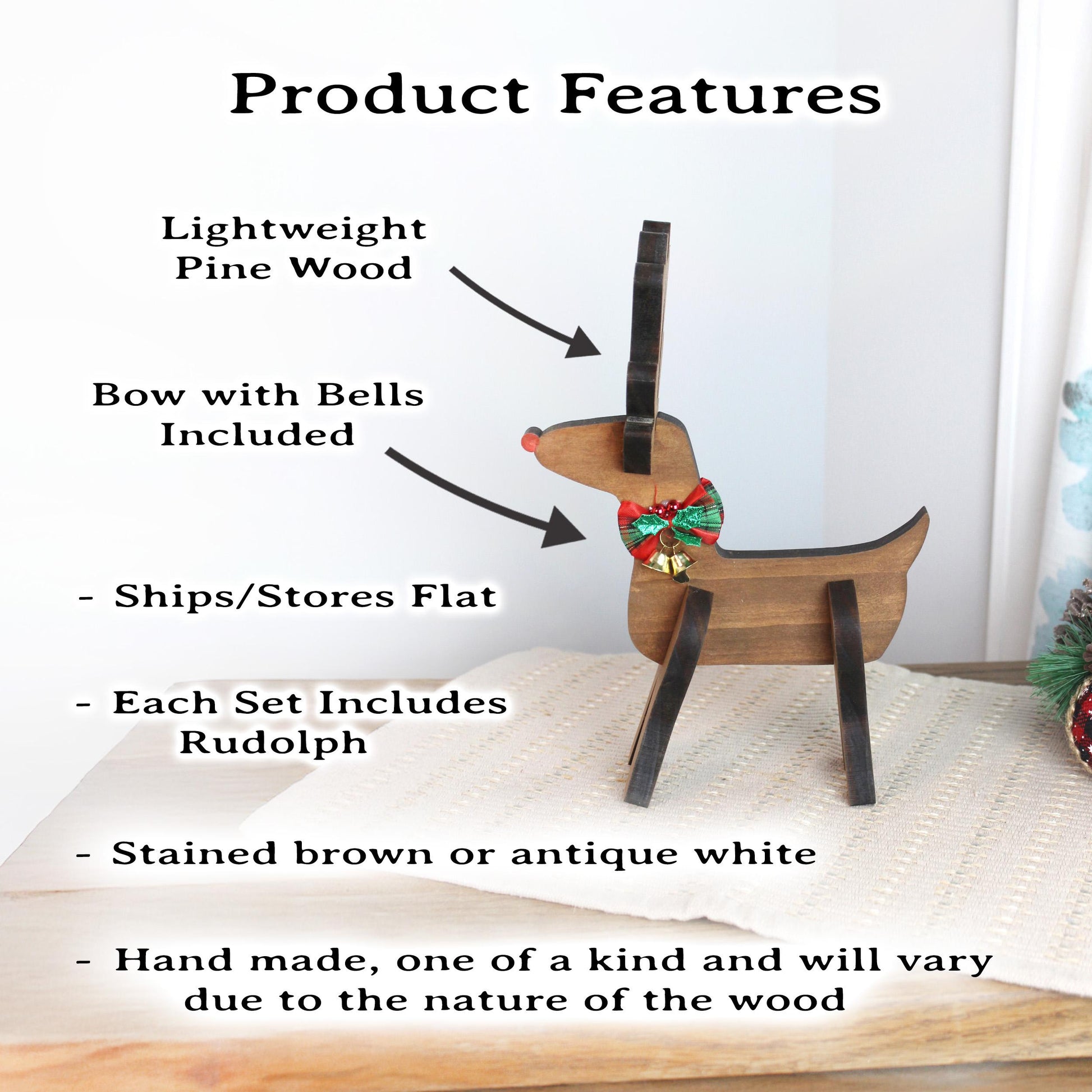 Rustic Wooden Reindeer Set – Handcrafted Farmhouse Christmas Shelf Decor – Rudolph & Friend