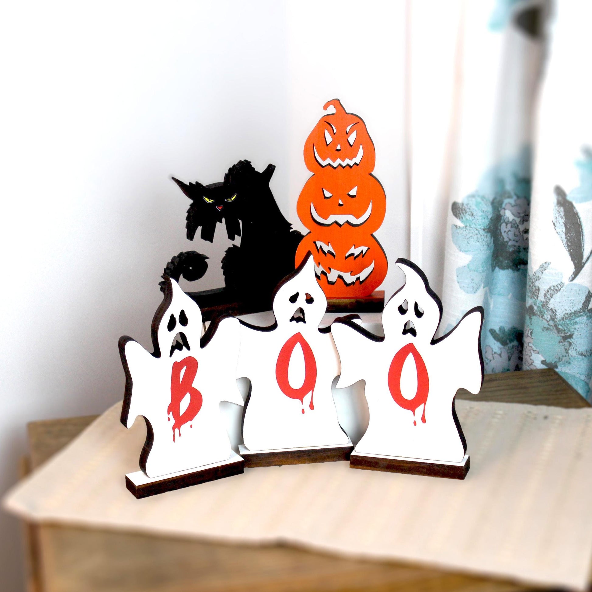 Handcrafted Rustic Wooden Pumpkins Ghosts and Black Cat, Decorative Halloween Fireplace Mantle Gift, Tabletop and Shelf Decoration