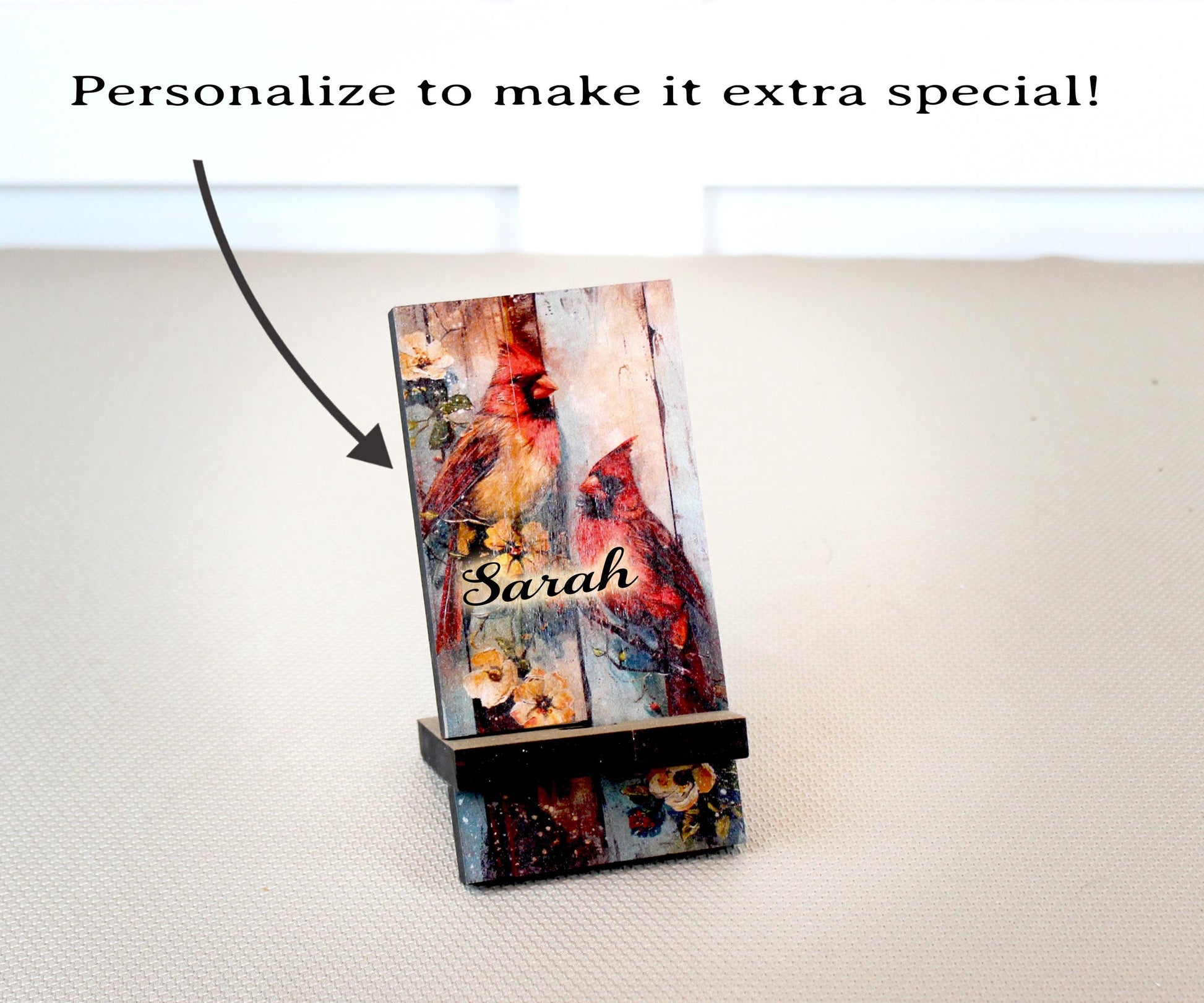 Personalized Summer Cardinals phone stand, Farmhouse Wooden Phone Holder, Cute Decorative Custom Gift, Charging Cable Access, Cardinal Lover