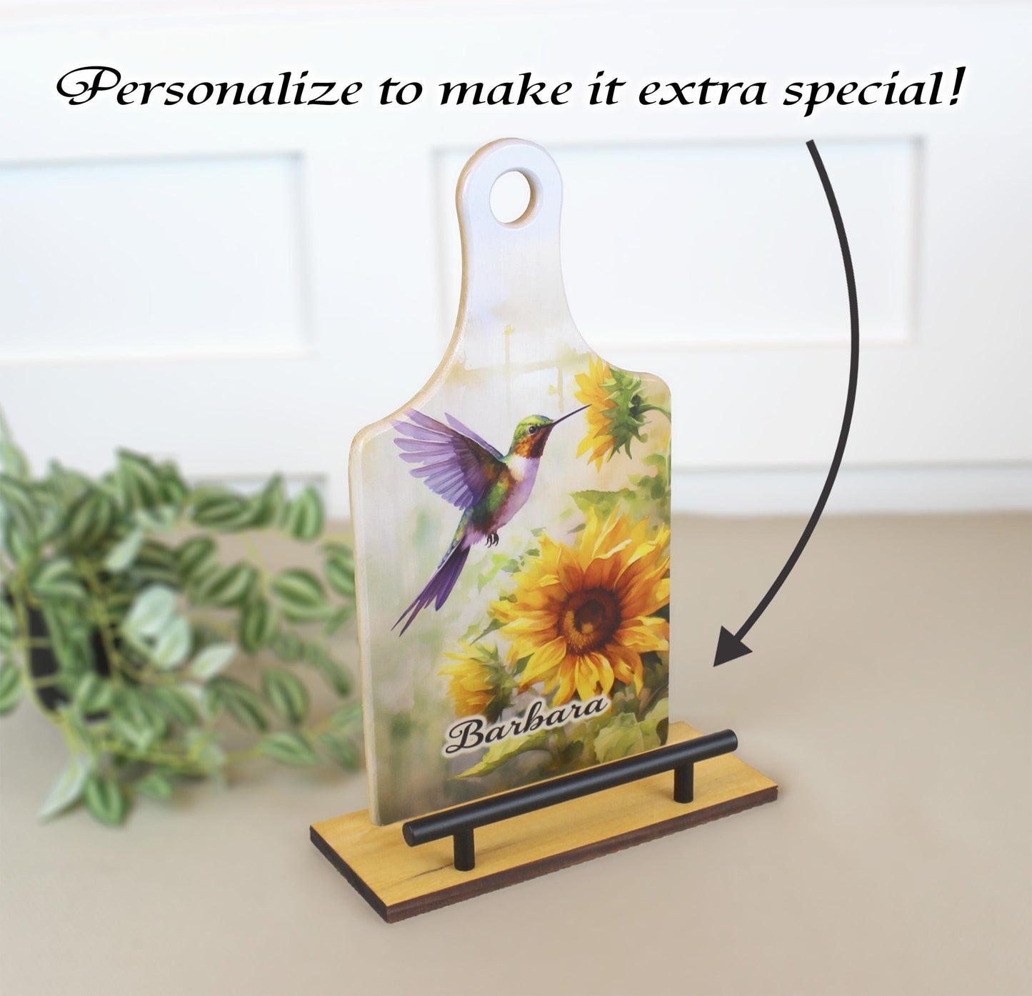 Sunflowers And Purple Hummingbird Cookbook Stand, Wooden Kitchen Recipe Holder, Personalized Ipad And Tablet Stand, Custom Gift For Cooks