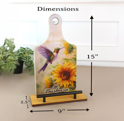 Sunflowers And Purple Hummingbird Cookbook Stand, Wooden Kitchen Recipe Holder, Personalized Ipad And Tablet Stand, Custom Gift For Cooks