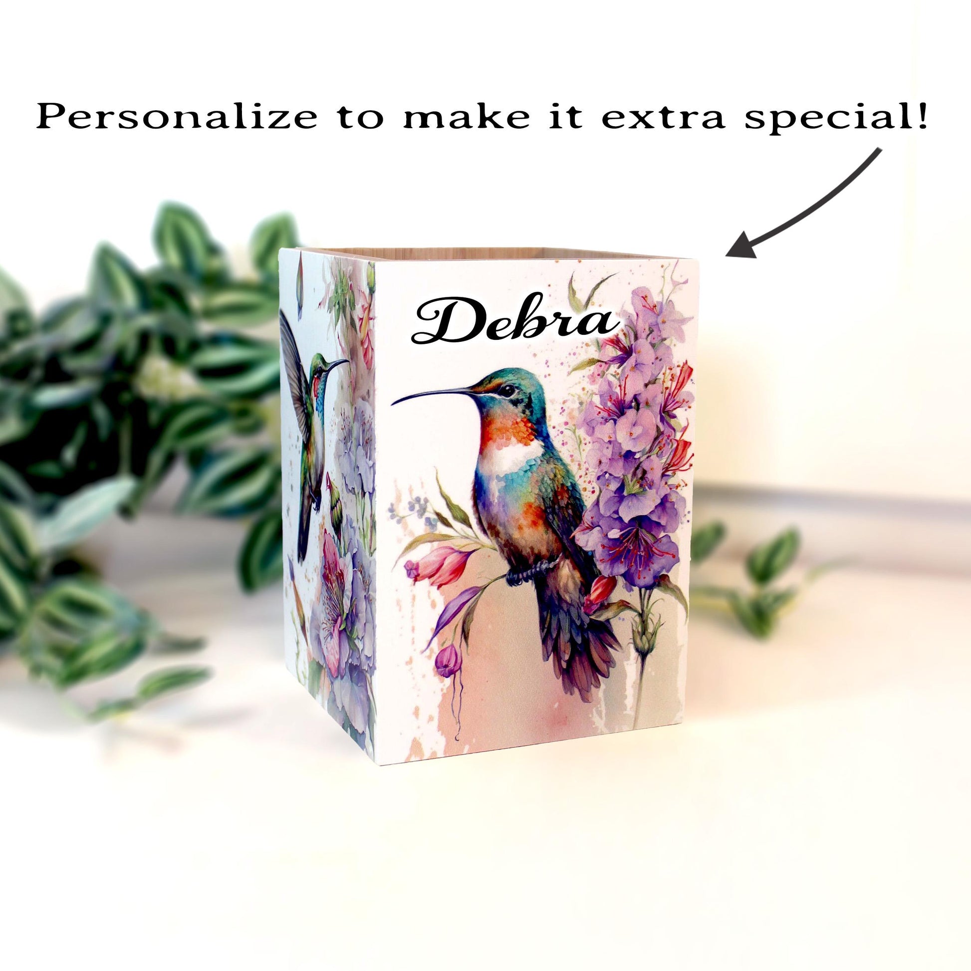 Hummingbirds Utensil Holder, Eco-Friendly Bamboo Wood, Beautiful Hummingbird Art Decorating 4 Sides in UV Ink & Protected with Polycrylic