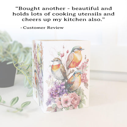 Unique Gifts for Birders, Beautiful Unique Utensil Holder, Bird Lovers Gift with Beautiful Spring Birds Art Decorating all 4 Sides in UV Ink